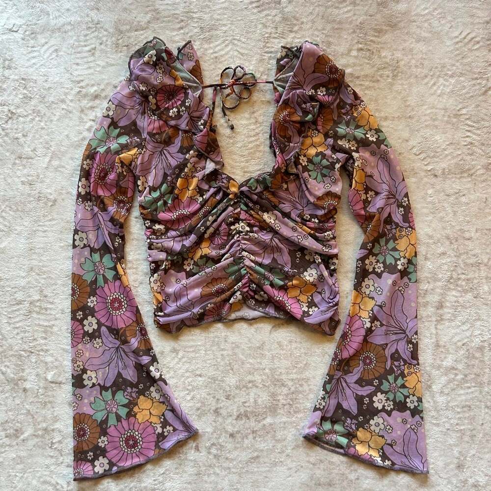Urban outfitters purple brown floral crop top